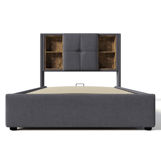 Cama contentora acolchoada 90x200 cm - com carregamento sem fios e cabeceira para arrumação - tecido de algodão - Cinzento