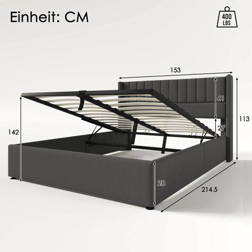 Cama contentora estofada em linho 140x200 cm com estrado de ripas - Cinzento
