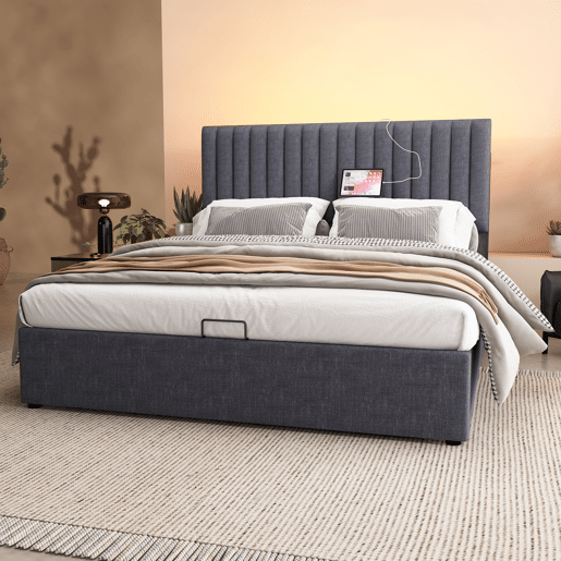 Cama de arrumação estofada em linho com portas de carregamento e LED - 160x200 cm - 3 compartimentos na cabeceira ajustável - Cinzento