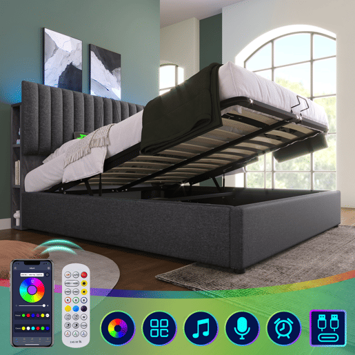 Cama de arrumação estofada em linho com portas de carregamento e LED - 160x200 cm - 3 compartimentos na cabeceira ajustável - Cinzento