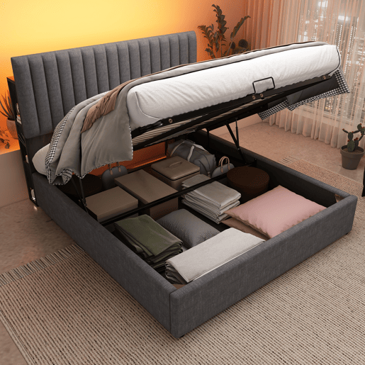 Cama de arrumação estofada em linho com portas de carregamento e LED - 160x200 cm - 3 compartimentos na cabeceira ajustável - Cinzento