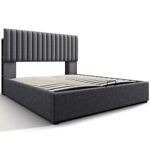 Cama de arrumação estofada em linho com portas de carregamento e LED - 160x200 cm - 3 compartimentos na cabeceira ajustável - Cinzento