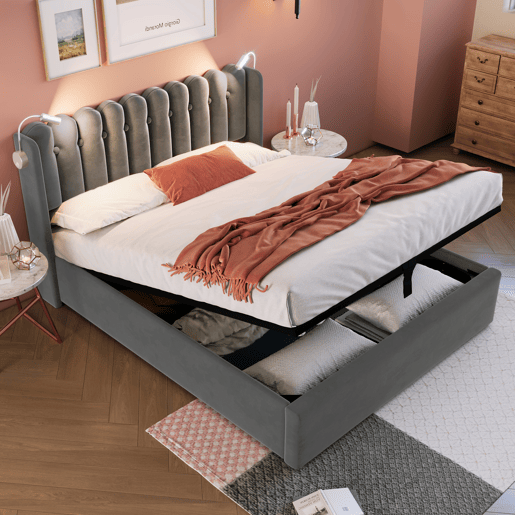 Cama contentora estofada com LED e portas de carregamento USB - 140x200cm - tecido de linho - com estrado de molas - Cinzento