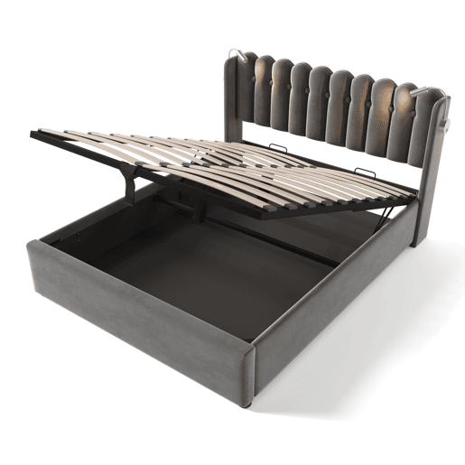 Cama contentora estofada com LED e portas de carregamento USB - 140x200cm - tecido de linho - com estrado de molas - Cinzento