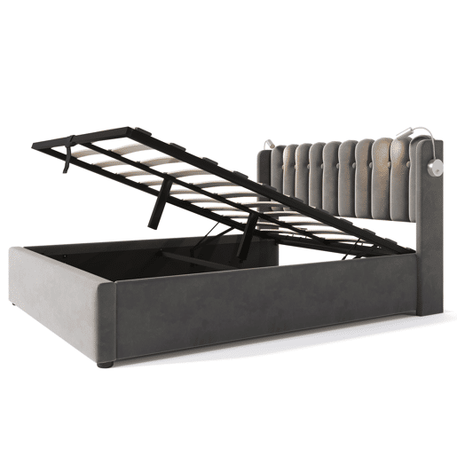 Cama contentora estofada com LED e portas de carregamento USB - 140x200cm - tecido de linho - com estrado de molas - Cinzento