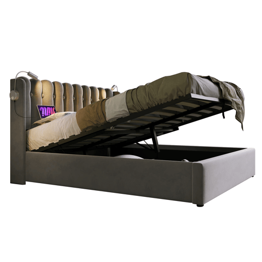Cama contentora estofada com LED e portas de carregamento USB - 140x200cm - tecido de linho - com estrado de molas - Cinzento