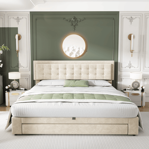 Cama contentor estofada em veludo 160x200cm - com gaveta e estrado de molas - Bege (sem colchão)