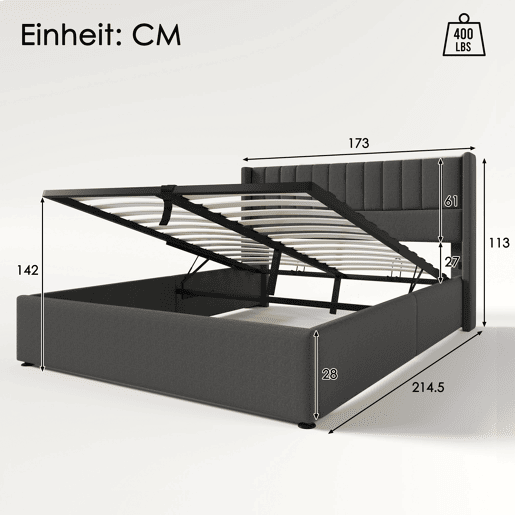 Cama contentora estofada em linho 160x200 cm com estrado de ripas - Cinzento