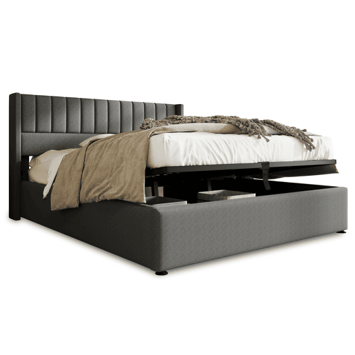 Cama contentora estofada em linho 160x200 cm com estrado de ripas - Cinzento