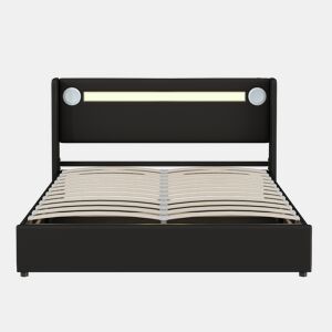Cama contentora estofada em pele 160x200 cm com LED, leitor Bluetooth e portas de carregamento USB - com estrado de molas - Preto