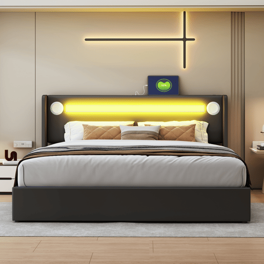 Cama contentora estofada em pele 160x200 cm com LED, leitor Bluetooth e portas de carregamento USB - com estrado de molas - Preto