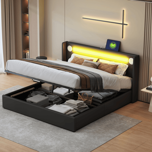 Cama contentora estofada em pele 160x200 cm com LED, leitor Bluetooth e portas de carregamento USB - com estrado de molas - Preto