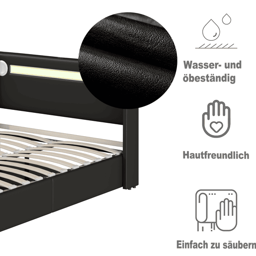 Cama contentora estofada em pele 160x200 cm com LED, leitor Bluetooth e portas de carregamento USB - com estrado de molas - Preto