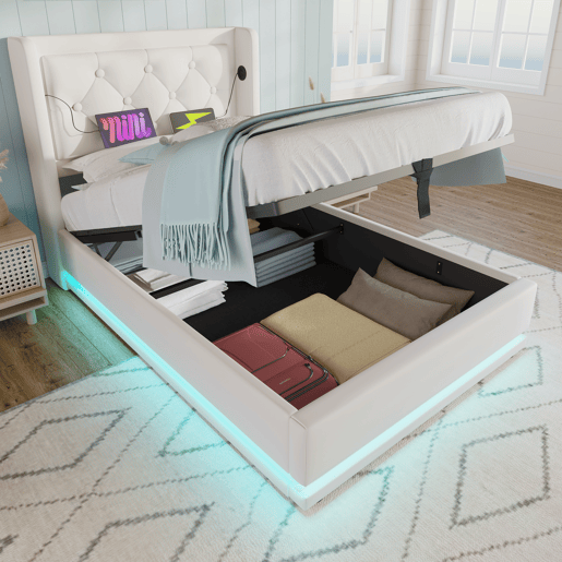 Sofá-cama estofado de 90 x 200 cm em imitação de pele - com função de carregamento e LED ao pé da cama - Branco