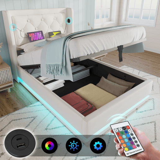 Sofá-cama estofado de 90 x 200 cm em imitação de pele - com função de carregamento e LED ao pé da cama - Branco