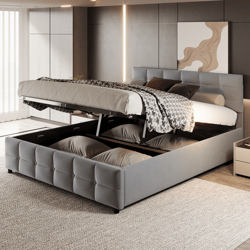 Cama de arrumação em veludo 180x200 cm - com estrado de molas - Cinzento Cama de arrumação em veludo 180x200 cm - com estrado de molas - Cinzento