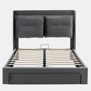 Sofá-cama estofado em veludo - 140x190 cm - 2 gavetas ao pé da cama - Fita LED embutida ao pé da cama - Cinzento (sem colchão)