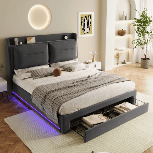 Sofá-cama estofado em veludo - 140x190 cm - 2 gavetas ao pé da cama - Fita LED embutida ao pé da cama - Cinzento (sem colchão)