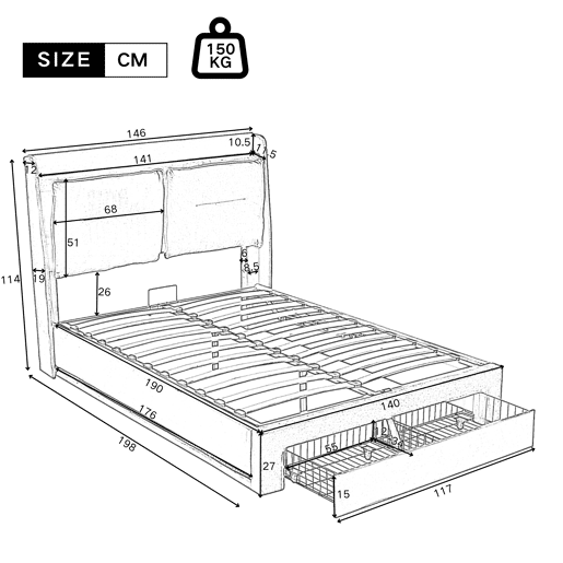 Sofá-cama estofado em veludo - 140x190 cm - 2 gavetas ao pé da cama - Fita LED embutida ao pé da cama - Cinzento (sem colchão)