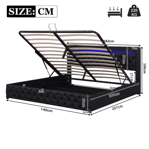 Cama contentora estofada em pele sintética com LED - 140x200 cm - com estrado - Preto