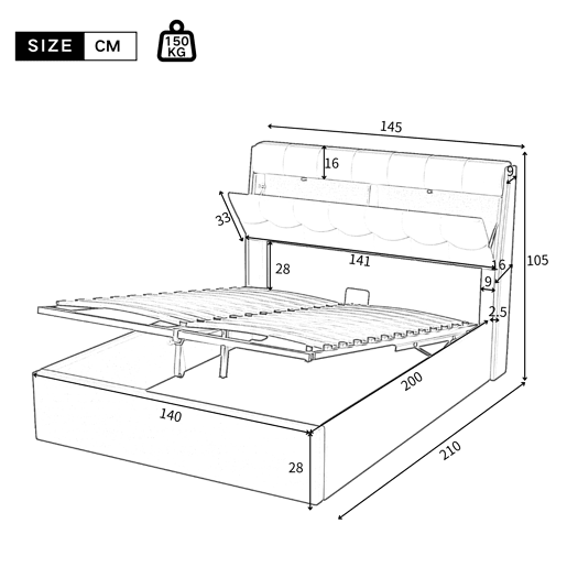 Cama de couro sintético com sofá de 140x200 cm - couro sintético - cabeceira com sofá - Branco