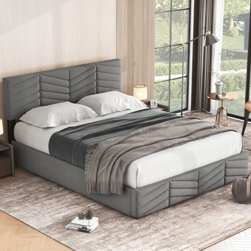 Cama de contentor em veludo com estrado de ripas + cabeceira regulável - 140x190cm - Cinzento