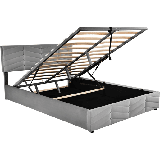 Cama de contentor em veludo com estrado de ripas + cabeceira regulável - 140x190cm - Cinzento