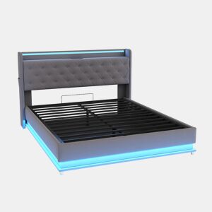 Baú iluminado estofado LED 140x200 cm - com porta de carregamento USB - Tecido de linho - Cinzento