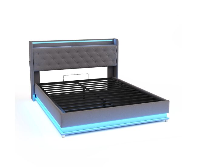 Baúl iluminado tapizado con led 140x200 cm - con puerto de carga usb - tela lino - gris