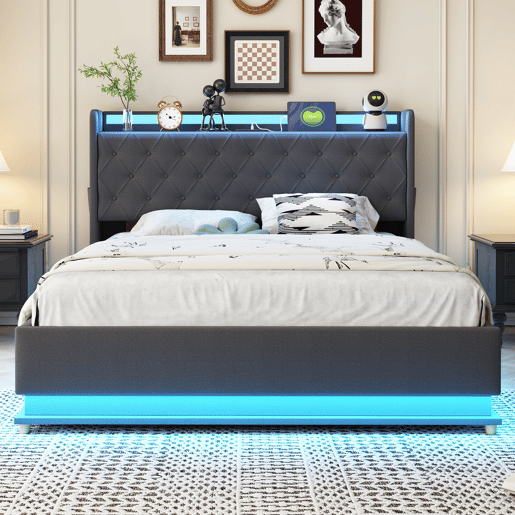 Baú iluminado estofado LED 140x200 cm - com porta de carregamento USB - Tecido de linho - Cinzento