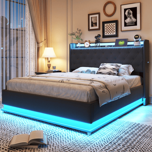 Baú iluminado estofado LED 140x200 cm - com porta de carregamento USB - Tecido de linho - Cinzento