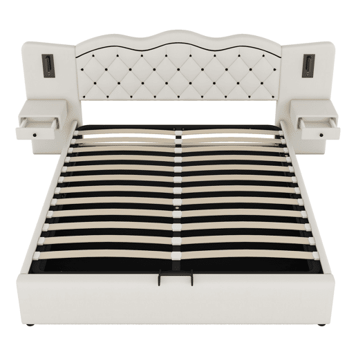 Cama de linho com arrumação 180x200 cm - 2 mesas de cabeceira com arrumação com tomada USB e candeeiros - Bege
