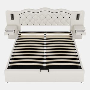 Cama de linho com arrumação 180x200 cm - 2 mesas de cabeceira com arrumação com tomada USB e candeeiros - Bege