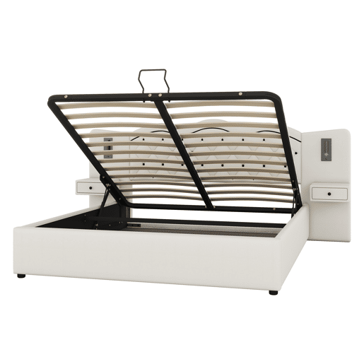 Cama de linho com arrumação 180x200 cm - 2 mesas de cabeceira com arrumação com tomada USB e candeeiros - Bege