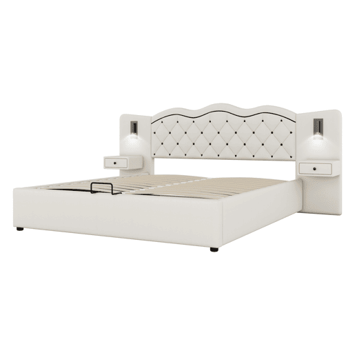 Cama de linho com arrumação 180x200 cm - 2 mesas de cabeceira com arrumação com tomada USB e candeeiros - Bege
