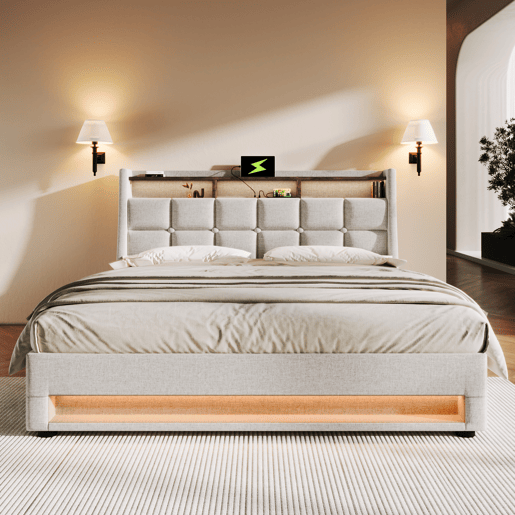 Cama para arrumação de roupa de cama 140x200 cm com LED e portas USB - estrado - bege