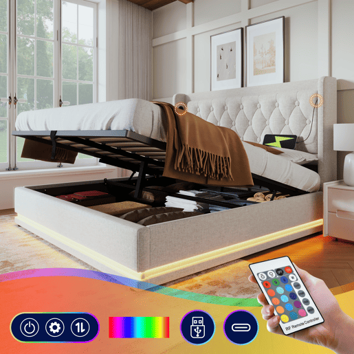Cama contentora acolchoada 160 x 200 cm em tecido de algodão - com função de carga e LED ao pé da cama - Bege