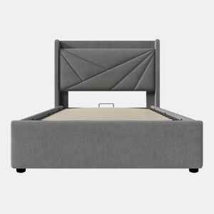 Cama contentora em tecido de linho 90x200 cm - com porta USB e estrado - Cinzento