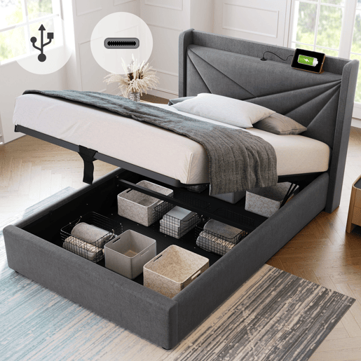 Cama contentora em tecido de linho 90x200 cm - com porta USB e estrado - Cinzento