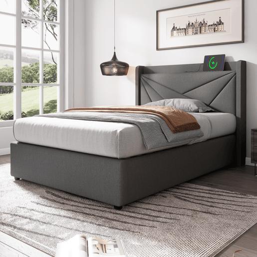 Cama contentora em tecido de linho 90x200 cm - com porta USB e estrado - Cinzento