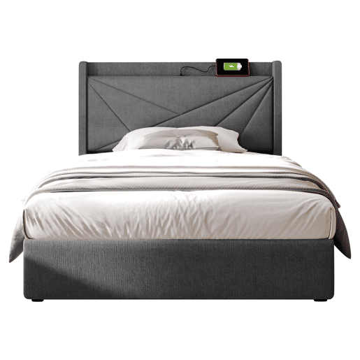 Cama contentora em tecido de linho 90x200 cm - com porta USB e estrado - Cinzento