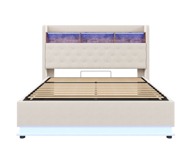 Cama de lino con canapé de 180x200 cm - con led y tomas usb - beige