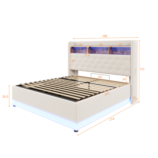Cama de linho com canapé de 180x200 cm - com LED e tomadas USB - Bege