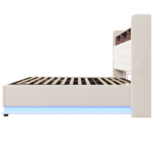 Cama de linho com canapé de 180x200 cm - com LED e tomadas USB - Bege