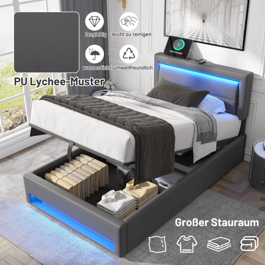 Cama contentora em pele sintética de 90x200 cm com LED - com portas de carregamento (com e sem fios) - Cinzento