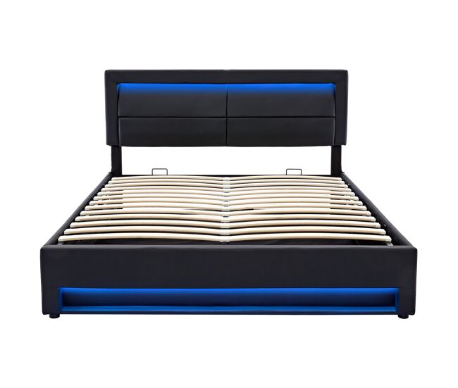 Cama contenedor de piel sintética de 140x200 cm con led - con puertos de carga (con cable e inalámbrico) - negro