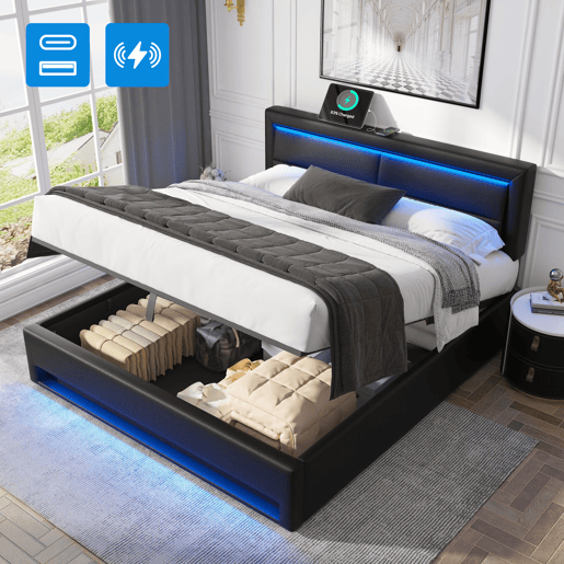 Cama contentora em pele sintética de 140x200 cm com LED - com portas de carregamento (com e sem fios) - Preto