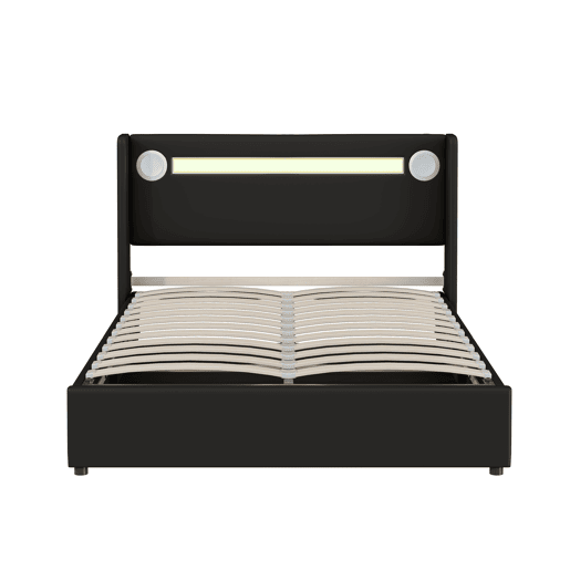 Cama contentora estofada em pele 140x200 cm com LED, leitor Bluetooth e portas de carregamento USB - com estrado - Preto