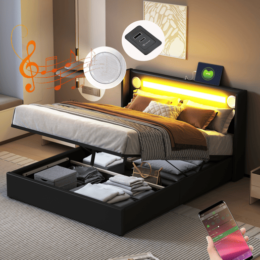 Cama contentora estofada em pele 140x200 cm com LED, leitor Bluetooth e portas de carregamento USB - com estrado - Preto