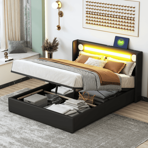 Cama contentora estofada em pele 140x200 cm com LED, leitor Bluetooth e portas de carregamento USB - com estrado - Preto